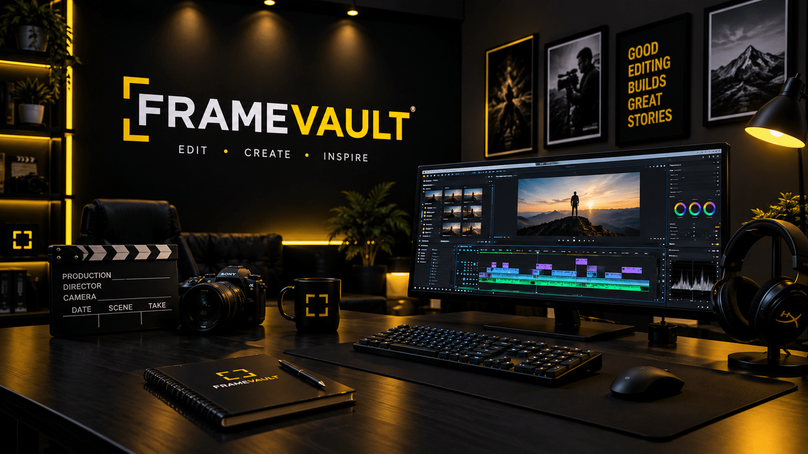 Professional video editing agency workspace featuring advanced editing software, camera equipment, and a modern creative studio setup.